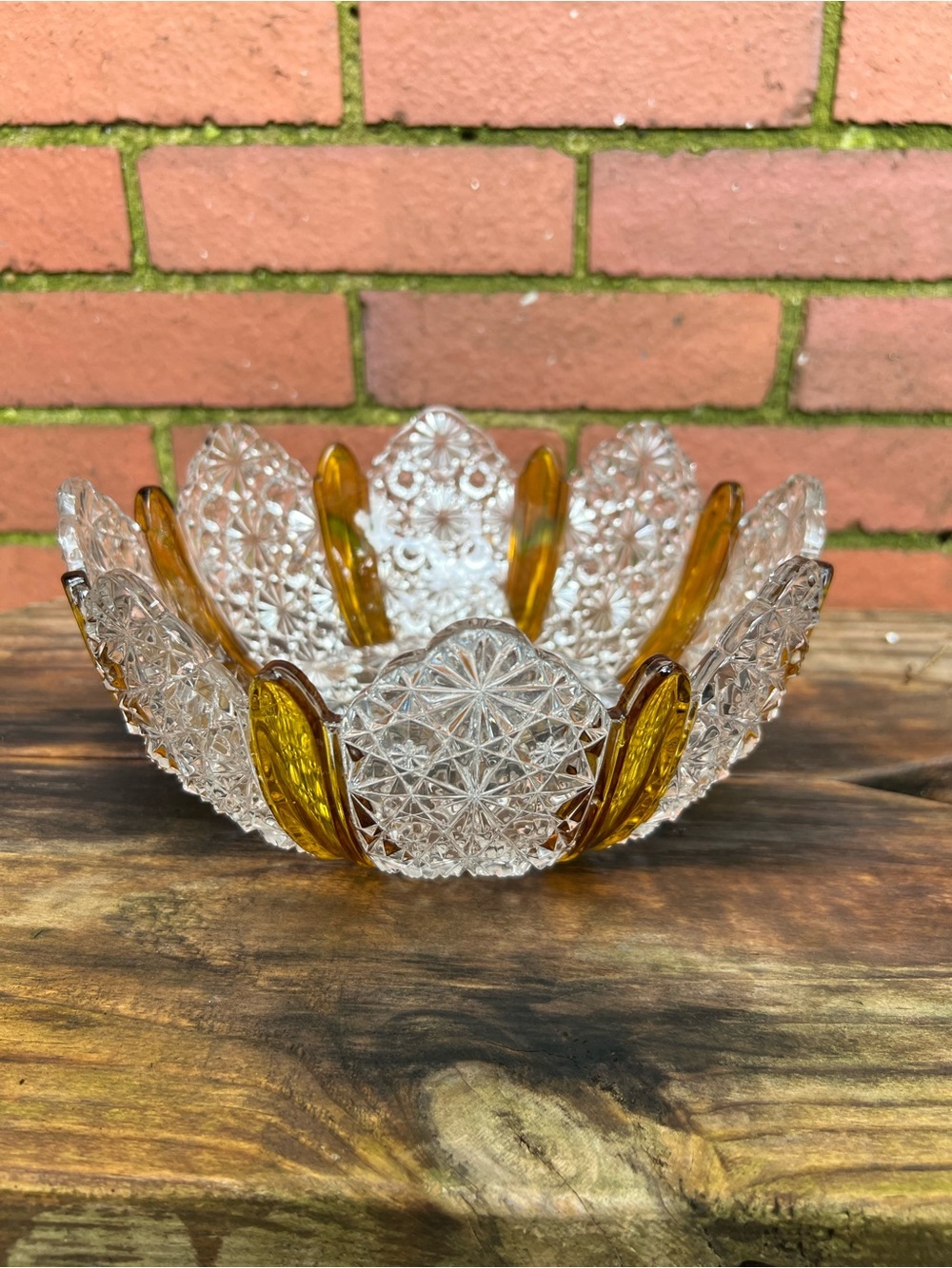 Daisy & Button Pressed Glass Bowl, Clear with Amber Panel Accents